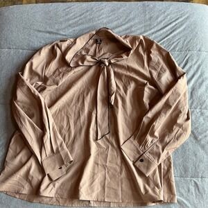 SHEIN Curve Beige Tie Neck Long Sleeve Shirt Top Plus‎ Size 2XL